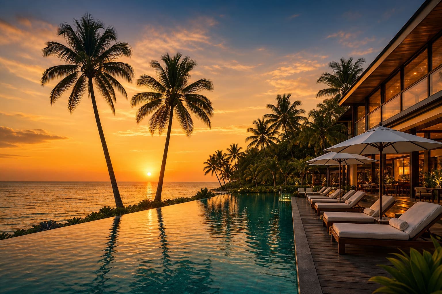 Tropical resort at sunset with palm trees and an infinity pool
