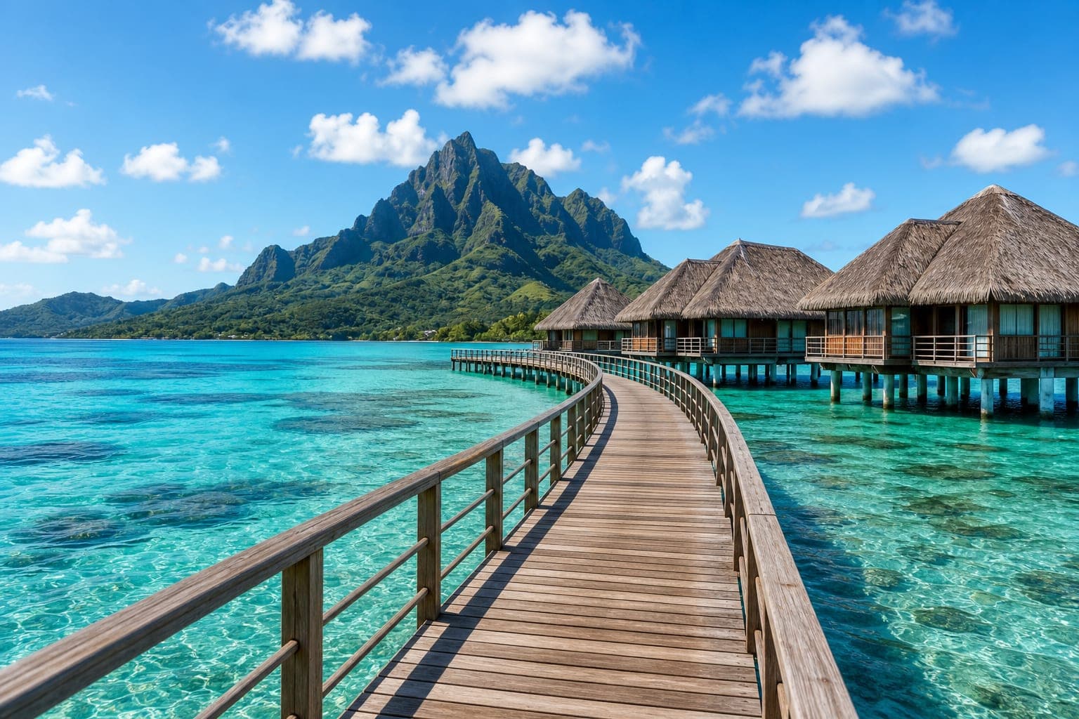 Overwater bungalows on a turquoise lagoon with a tropical mountain in the background